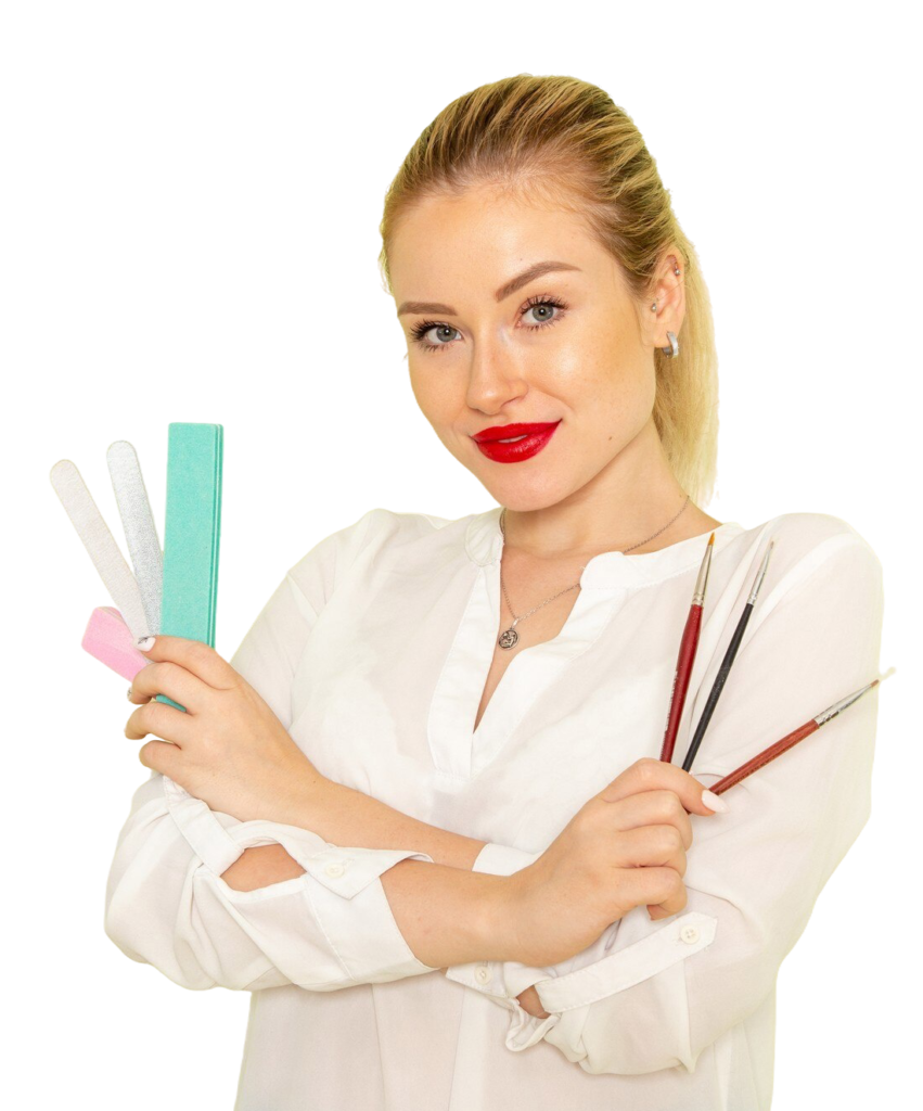 Front view young attractive female white shirt holding tassels manicure accessories green surface