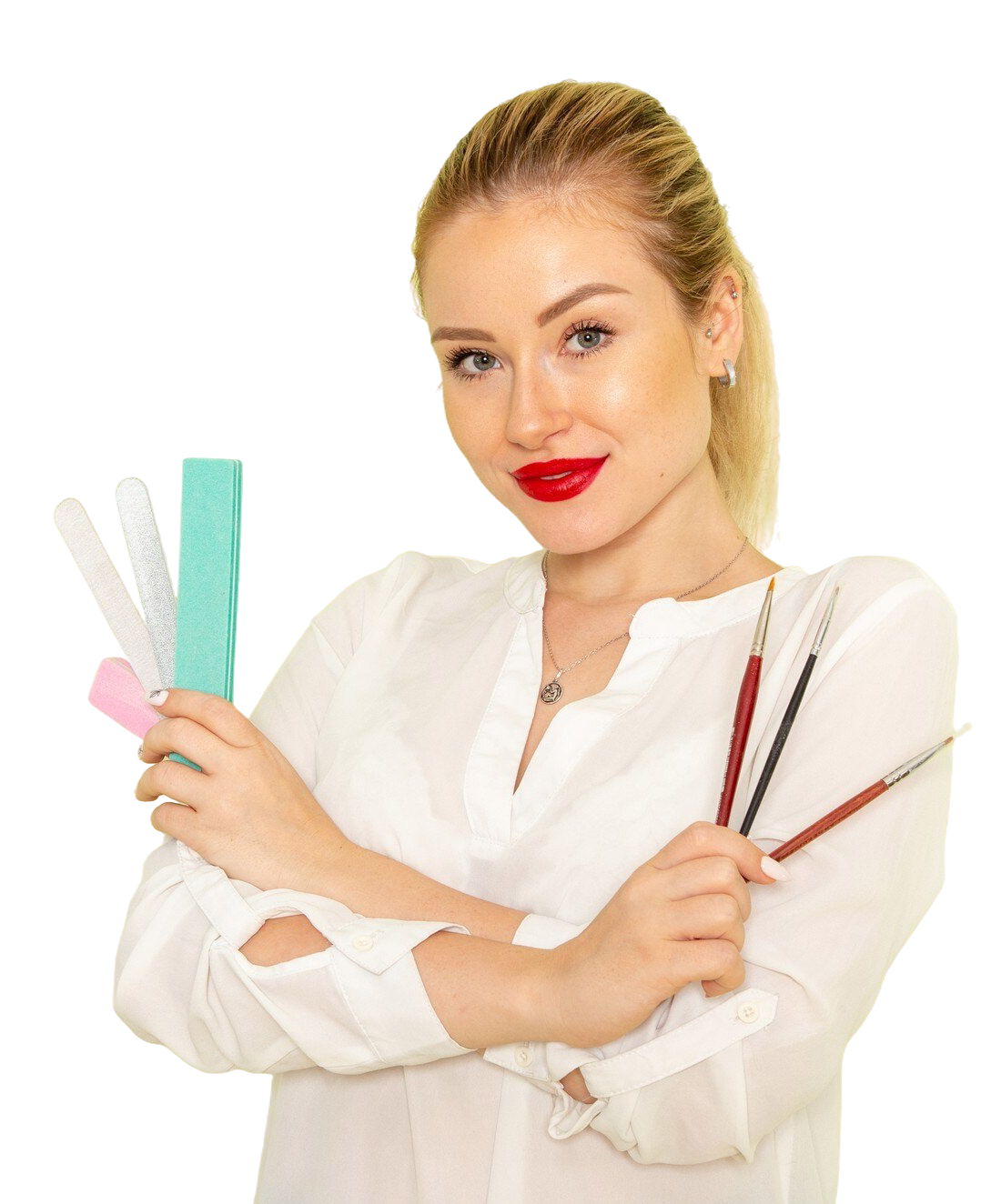 Front view young attractive female white shirt holding tassels manicure accessories green surface